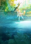  1girl barefoot blue_eyes brown_hair closed_mouth commentary_request creature creature_on_arm creature_on_shoulder crossed_legs day dress expressionless foliage forest full_body hair_spread_out hand_rest highres horns long_hair nature no_nose on_shoulder original outdoors pointy_ears pond potg_(piotegu) scenery short_sleeves signature sitting soaking_feet solo stairs tree_horns very_long_hair water white_dress 