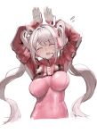  1girl absurdres alice_(nikke) animal_ear_headphones animal_ears arms_up bodysuit breasts cat_ear_headphones cat_ears commentary_request cropped_torso fake_animal_ears flying_sweatdrops gloves goddess_of_victory:_nikke hana_hebi headphones highres long_hair multicolored_gloves open_mouth perky_breasts pink_bodysuit pink_shrug pointy_breasts rabbit_pose shrug_(clothing) sidelocks simple_background solo sweatdrop teeth twintails upper_teeth_only very_long_hair white_background white_hair 