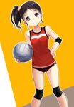  black_hair blush buruma commentary_request elbow_pads hair_bobbles hair_ornament hand_on_hip knee_pads looking_at_viewer mirai_denki original side_ponytail smile solo sportswear volleyball volleyball_uniform 