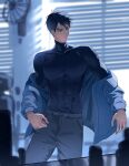  1boy abs belt black_hair blue_eyes blue_jacket commentary_request covered_abs covered_pectorals grey_pants gwechul highres jacket korean_commentary light_rays looking_to_the_side male_focus muscular muscular_male open_clothes open_jacket pants pectorals ryepe ryu_jaekwan short_hair solo standing tight_clothes turtleneck window_blinds 