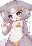  1girl animal_ear_fluff animal_ears animal_hands animal_nose arm_behind_back arm_up bikini blue_eyes blush body_fur breasts cat_ears cat_girl cat_tail commentary_request firunsith fish_hair_ornament furry furry_female gold_bikini grey_fur grey_hair hair_ornament hairclip highres looking_at_viewer navel open_mouth original short_hair small_breasts smile solo stomach swimsuit tail two-tone_fur upper_body v white_fur 