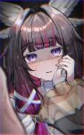  bare_shoulders black_hair black_sleeves blush columbina_(genshin_impact) commentary_request dark_background dress empty_eyes genshin_impact gloves hair_ornament hair_ribbon hand_on_another's_cheek hand_on_another's_face head_wings heart highres long_hair looking_at_viewer multicolored_hair multiple_wings potatomochi_(potatomochi_7) purple_eyes purple_hair purple_streaks ribbon sandrone_(genshin_impact) simple_background streaked_hair tears two-tone_hair upper_body white_dress white_gloves white_wings wing_hair_ornament wings yuri 
