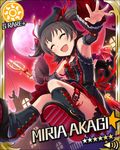  akagi_miria armpits artist_request bat bat_wings black_hair blush card_(medium) character_name closed_eyes detached_sleeves dutch_angle full_moon idolmaster idolmaster_cinderella_girls jpeg_artifacts moon official_art open_mouth outdoors polearm sky solo sun_(symbol) trident twintails weapon wings 