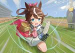  1girl absurdres animal_ears ascot blue_eyes blue_sky brown_hair buttons cape cloud commentary double-breasted duang_(user_tsag8258) epaulettes gloves hair_between_eyes highres horse_ears horse_girl jacket long_hair long_sleeves looking_at_viewer multicolored_hair multicolored_jacket open_mouth outdoors pink_ascot ponytail red_cape running single_epaulette single_hair_streak skirt sky smile solo streaked_hair sweat tokai_teio_(peak_joy)_(umamusume) tokai_teio_(umamusume) two-tone_hair two-tone_skirt umamusume white_gloves white_hair white_jacket white_skirt white_streaks 