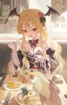  1girl 1other angry bat_wings black_bow black_bowtie black_dress blonde_hair bow bowtie breasts chopsticks collarbone commentary detached_collar detached_sleeves dress eating failure fang flower food frilled_sleeves frills frown hair_bow hair_flower hair_ornament head_wings highres holding holding_chopsticks holding_food long_hair looking_at_food mesilmen noodles open_mouth original pointy_ears pov ramen red_eyes red_flower red_rose rose sitting small_breasts solo_focus spill strapless strapless_dress vampire very_long_hair wavy_hair wings 