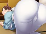  1girl all_fours ass black_eyes blush brown_hair from_behind game_cg highres huge_ass japanese_clothes kimono koukyuu_ryoutei:_okimono_okami_wa_sukimono_okami lips looking_back mole short_hair solo 