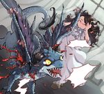  black_hair blood blush character_request closed_eyes curtains dragon dutch_angle fang holding_head injury long_hair slippers solo sword_girls tears tongue wavy_hair window wings wooni 