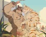 2_horns abs absurd_res angryhuiye anthro athletic balls band-aid band-aid_on_face bandage bandage_on_face beach black_body blush cangli canid canine canis cloud domestic_dog duo duo_focus embarrassed erection eye_scar facial_scar fangs felid food foreskin genitals group half-erect hand_on_glans hi_res holding_food holding_object holding_popsicle horn humanoid_genitalia humanoid_penis hybrid male male/male mammal mgg_(character) nude pantherine penile_spines penis penis_grab popsicle pubes raised_hand retracted_foreskin scar sky smile smirk standing teeth tiger whistle_around_neck white_body