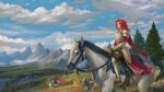 1boy 3girls armor blue_hair brown_hair cloud cloudy_sky commentary elincia_ridell_crimea english_commentary field fire_emblem fire_emblem:_path_of_radiance flower flower_field green_eyes green_hair halberd highres holding holding_polearm holding_reins holding_weapon horse horseback_riding ike_(fire_emblem) lips long_hair mist_(fire_emblem) mountainous_horizon multiple_girls outdoors pine_tree polearm red_hair reins riding short_hair sky solo_focus titania_(fire_emblem) tree very_long_hair weapon yagaminoue 