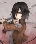  black_eyes black_hair dual_wielding emblem holding jacket mikasa_ackerman paradis_military_uniform pepe_(jonasan) scarf shingeki_no_kyojin short_hair solo sword three-dimensional_maneuver_gear training_corps_(emblem) weapon 