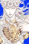  1boy 1other alternate_hairstyle androgynous blue_background braid chain closed_mouth colored_skin commentary curly_hair earrings expressionless floating_hair giorno_giovanna giorno_giovanna's_pose gold_chain gold_experience_requiem gold_skin grey_eyes high_collar jewelry jojo_no_kimyou_na_bouken jojo_pose ladybug_brooch ladybug_ornament long_hair looking_at_viewer male_focus ribs simple_background solo stand_(jojo) stud_earrings untranslatable_commentary upper_body vento_aureo victory_rolls white_hair white_skin wing_ornament wings zhhy3324 