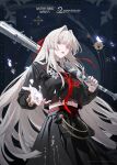  1girl alternate_costume baseball_bat black_sailor_collar black_serafuku black_shirt black_skirt breasts colored_eyelashes commentary english_commentary highres hiyuki_(wuthering_waves) holding holding_baseball_bat logo long_hair long_skirt looking_at_viewer medium_breasts neckerchief official_art parted_lips red_eyes red_neckerchief sailor_collar school_uniform serafuku shirt skirt solo white_eyelashes white_hair wuthering_waves 