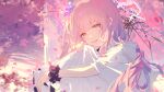 1girl bilibalakonglijiwa blue_archive capelet commentary dress english_commentary flower from_side hair_flower hair_ornament halo highres hugging_own_legs knee_up light_blush long_hair looking_at_viewer looking_to_the_side mika_(blue_archive) mixed-language_commentary open_mouth petals pink_hair pink_petals purple_halo purple_scrunchie scrunchie sitting smile solo transparent transparent_umbrella umbrella umbrella_over_shoulder water white_capelet white_dress wrist_scrunchie yellow_eyes 