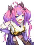  1girl absurdres ahoge arm_warmers bikini black_thighhighs blue_eyes breasts cleavage commentary_request drill_hair gold_bikini highres hololive hololive_dev_is kikirara_vivi kikirara_vivi_(1st_costume) long_hair looking_at_viewer medium_breasts morotade_kudou multicolored_hair open_mouth pink_hair purple_arm_warmers purple_hair shirt solo swimsuit thighhighs twin_drills two-tone_hair very_long_hair virtual_youtuber white_background white_shirt 