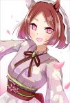  1girl animal_ears blush breasts brown_hair brown_ribbon commentary_request ear_covers floral_print floral_print_kimono flower-shaped_pupils flower_in_eye hakama highres horse_ears horse_girl japanese_clothes kimono looking_at_viewer obi open_mouth pink_kimono print_kimono purple_eyes ribbon sakura_laurel_(nouvelle_pousse)_(umamusume) sakura_laurel_(umamusume) sash short_hair single_ear_cover small_breasts smile solo symbol-shaped_pupils symbol_in_eye umamusume umayonyosi veil white_hakama 