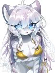  1girl @_@ ahoge animal_ears animal_nose bikini blue_eyes body_fur braid breasts cleavage embarrassed furry furry_female gold_bikini hair_intakes highres leaning_forward long_eyelashes long_hair looking_at_viewer navel open_mouth original sbi_arki side-tie_bikini_bottom solo swimsuit thighs tiger_ears tiger_girl white_fur white_hair 