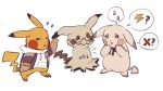  1girl 2boys ? aotsuki_eito aotsuki_eito_(cosplay) commentary confused cosplay english_commentary glasses hood hoodie jacket kirifuji_nozomi kirifuji_nozomi_(cosplay) lightning_bolt_symbol mimikyu multiple_boys necktie peakychu pikachu pikachu_tail_(female) pokemon pokemon_(creature) pokemon_focus sumino_takumi sumino_takumi_(cosplay) sweatdrop the_hundred_line_-last_defense_academy- white_background x_(symbol) yasudas 