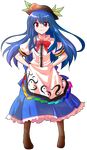  alphes_(style) bad_id bad_pixiv_id blue_hair boots dairi dress food fruit full_body hands_on_hips hat hinanawi_tenshi long_hair looking_at_viewer parody peach red_eyes smile solo style_parody touhou transparent_background 