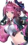  1girl absurdres arknights arknights:_endfield black_gloves black_horns blue_eyes breasts crop_top diamond_in_eye dragon_girl dragon_horns dragon_tail eugle_na gloves hair_intakes hair_on_horn hand_up highres horns large_breasts long_hair looking_at_viewer multicolored_gloves multicolored_hair multicolored_horns navel open_mouth pants pink_gloves pink_hair pink_horns pink_sleeves pink_tube_top pointy_ears smile solo strapless streaked_hair tail tube_top two-sided_gloves two-tone_gloves two-tone_horns white_pants yvonne_(arknights) 