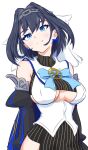  1girl black_hair blue_eyes blue_hair bow bow_earrings breasts chain chain_headband cleavage cnt_touryou commentary_request detached_sleeves earrings hair_intakes heart-shaped_gem highres hololive hololive_english jewelry large_breasts looking_at_viewer medium_hair ouro_kronii ouro_kronii_(1st_costume) ribbon_earrings shirt smile solo virtual_youtuber 