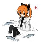 1girl a.i._voice adachi_rei black_pantyhose black_sweater coat commentary english_commentary fish highres knees_up lightning_bolt_symbol medium_hair mizhou_(mzhu112646) one_side_up orange_eyes orange_hair pantyhose partially_submerged sitting solo sweater utau white_background white_coat 