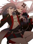  2girls alternate_eye_color baseball_bat black_dress black_flower black_gloves black_jacket black_skirt chinese_clothes closed_mouth commentary cowboy_shot dark_persona dress evernight_(honkai:_star_rail) evil_smile floating_hair flower gloves grey_hair hair_between_eyes hair_flower hair_ornament hairclip highres holding holding_baseball_bat honkai:_star_rail honkai_(series) jacket long_hair looking_at_viewer march_7th_(honkai:_star_rail) multiple_girls official_alternate_costume over_shoulder own_hands_together parallel_hairclips parted_lips pink_hair sakae_0_0 shirt simple_background skirt smile stelle_(honkai:_star_rail) stelle_(vim_and_vigor)_(honkai:_star_rail) trailblazer_(honkai:_star_rail) twitter_username untranslatable_commentary very_long_hair weapon weapon_over_shoulder white_background white_shirt 