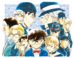  5girls 6+boys akai_shuuichi andre_camel aoyama_goushou baseball_cap black-framed_eyewear black_coat black_hair black_hat black_shirt blonde_hair blue_eyes blue_jacket bodysuit border bow bowtie brown_cardigan brown_hair bucket_hat butterfly_tattoo cardigan chianti_(meitantei_conan) closed_mouth coat collarbone collared_shirt curly_hair edogawa_conan evil_grin evil_smile eye_contact facial_hair gin_(meitantei_conan) glasses green_jacket grin hat highres jacket james_black jodie_starling knit_hat korn_(meitantei_conan) kudou_yukiko kudou_yuusaku long_hair long_sleeves looking_at_another looking_at_viewer looking_to_the_side low_ponytail meitantei_conan mizunashi_rena multiple_boys multiple_girls mustache non-web_source official_art painting_(medium) parted_lips ponytail profile purple_background red_bow red_bowtie red_lips red_sweater serious shirt short_hair smile sunglasses sweater tattoo teeth thick_mustache toothbrush_mustache traditional_media turtleneck turtleneck_shirt vermouth_(meitantei_conan) vodka_(meitantei_conan) watercolor_(medium) wavy_hair white_border white_hair white_shirt 