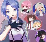  6+girls ascot black_gloves black_hair blue_eyes blue_hair brown_hair coat commentary_request fingerless_gloves fur-trimmed_coat fur_trim gloves green_eyes grey_hair hair_intakes hanamura_shiki hand_on_own_chest headband heart heaven_burns_red highres kurosawa_maki looking_at_viewer maruyama_kanata matsuoka_chiroru multiple_girls natsume_inori open_mouth pink_hair ponytail scarf shirt short_hair spoken_character suspenders team_31f_(heaven_burns_red) toyatopa white_ascot white_shirt yanagi_mion 
