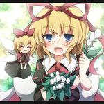  blonde_hair blue_eyes bow closed_eyes creta_(taku10) fairy_wings flower hair_bow hair_ribbon letterboxed lily_of_the_valley medicine_melancholy multiple_girls open_mouth puffy_sleeves ribbon shirt short_sleeves skirt smile su-san touhou wings 