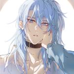  1boy belt_collar black_collar blue_eyes blue_hair collar collarbone collared_shirt curtained_hair edmond_(nu_carnival) hair_down hand_on_another's_cheek hand_on_another's_face head_tilt highres long_hair long_sleeves looking_at_viewer male_focus messy_hair nu_carnival open_mouth out_of_frame parted_bangs portrait pov pov_hands shirt sidelighting simple_background solo_focus straight-on white_background white_shirt your_yanjiu 
