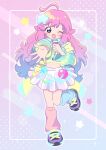  1girl absurdres ahoge aqua_jacket blue_hair blue_leg_warmers choker compato_lilly cropped_jacket eyeshadow full_body gradient_background gradient_hair hair_ornament highres holding holding_microphone idol jacket leg_up leg_warmers long_hair long_sleeves looking_at_viewer mahou_no_shimai_lulutto_lilly makeup microphone midriff miniskirt multicolored_hair multicolored_shoes neon_lights noclo326 nonoyama_fuu one_eye_closed open_mouth pink_eyeshadow pink_hair pink_leg_warmers skirt star_(symbol) star_hair_ornament white_skirt wide_sleeves yellow_choker yellow_jacket yume_kawaii 