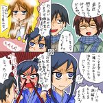  3girls 4koma aragaki_ayase black_hair blood blue_eyes blush brown_hair comic epic_nosebleed glasses imagining kousaka_kirino kousaka_kyousuke long_hair multiple_girls naked_towel nosebleed orange_hair ore_no_imouto_ga_konna_ni_kawaii_wake_ga_nai rifyu scarf short_hair tamura_manami towel translated 