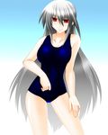  bare_shoulders breasts engo_(aquawatery) gradient gradient_background hand_on_thigh large_breasts light_smile long_hair lyrical_nanoha mahou_shoujo_lyrical_nanoha mahou_shoujo_lyrical_nanoha_a's one-piece_swimsuit red_eyes reinforce school_swimsuit silver_hair solo swimsuit very_long_hair 