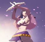  1girl black_hair blue_eyes capelet commentary hand_shadow_covering_breasts_(meme) highres long_hair meme navel nico_robin one_piece parted_lips petals pink_capelet pink_petals purple_skirt shadow skirt solo startboii topless_female 