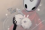  1girl :d arthropod_girl black_eyes black_skin cloak colored_skin english_text flea_(hollow_knight) highres holding hollow_eyes hollow_knight hollow_knight:_silksong horned_mask hornet_(hollow_knight) horns ishwacha looking_at_viewer mask meme needle_(hollow_knight) open_mouth red_cloak smile tap_me_(meme) weapon web_address white_mask 