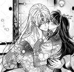  1boy 1girl black_hair blush carrying closed_eyes couple crescent crescent_facial_mark facial_mark feet_out_of_frame fingernails floral_print floral_print_kimono greyscale hand_on_another's_cheek hand_on_another's_face hetero indoors inuyasha japanese_clothes kimono kiss kissing_cheek long_fingernails monochrome pointy_ears princess_carry print_kimono rin_(inuyasha) sesshoumaru twintails upper_body white_hair yukiusa 