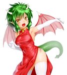  arm_up armpits blush china_dress chinese_clothes draco_centauros dragon_girl dragon_horns dragon_tail dragon_wings dress elbow_gloves fang gloves green_hair highres horns looking_at_viewer madou_monogatari monster_girl onsoku_maru open_mouth panties pointy_ears puyopuyo short_hair side-tie_panties side_slit simple_background smile solo tail thighhighs underwear white_background white_gloves white_legwear wings yellow_eyes 