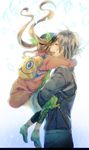  1girl bad_id bad_pixiv_id beret black_hat blonde_hair brown_hair carrying closed_eyes elle_mel_martha green_shirt happy hat hug leggings long_hair ludger_will_kresnik shirt smile tales_of_(series) tales_of_xillia tales_of_xillia_2 toa_(sarara23) twintails 