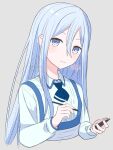  1girl ben-day_dots blue_eyes blue_hair blue_shirt blush closed_mouth collared_shirt commentary_request cropped_torso dated dot_nose grey_background hair_between_eyes hands_up highres holding holding_notepad holding_pen long_hair long_sidelocks long_sleeves looking_at_viewer notepad pen project_sekai screentones shikinexion shirt sidelocks signature simple_background smile solo straight_hair upper_body very_long_hair waitress watermark yoisaki_kanade 