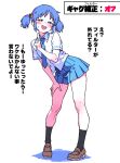  1girl :d black_socks blue_eyes blue_hair blue_necktie blue_skirt blush bright_pupils brown_shoes collared_shirt commentary_request cube_hair_ornament dot_nose full_body hair_ornament half-closed_eyes hand_on_own_thigh hand_up highres index_finger_raised leaning_forward loafers looking_at_viewer miniskirt naganohara_mio necktie nichijou open_mouth pigeon-toed pleated_skirt raised_eyebrows school_uniform shirt shoes short_hair short_sleeves short_twintails simple_background skirt smile socks solo standing sweatdrop teeth tokisadame_school_uniform translation_request twintails upper_teeth_only white_background white_pupils white_shirt yaki_apple 