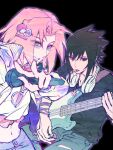  1boy 1girl black_eyes black_hair black_shirt blue_pants crop_top green_eyes grey_pants guitar hair_between_eyes hair_ornament hairclip haruno_sakura hftdtdsssk highres holding holding_microphone holding_plectrum instrument jacket light_blush looking_at_viewer microphone midriff naruto_(series) naruto_shippuuden navel pants parted_bangs parted_lips playing_guitar playing_instrument plectrum shirt short_hair smile teeth tongue tongue_out uchiha_sasuke upper_body v white_shirt 