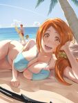  1boy 1girl 1other bikini bleach blue_bikini blush breasts brown_eyes cleavage cloud commentary contrail couple english_commentary hand_on_own_head highres holding holding_surfboard inoue_orihime kon_(bleach) kurosaki_ichigo large_breasts long_hair looking_at_viewer lying navel on_side open_mouth orange_hair outdoors palm_tree parted_bangs ririvart sand sentient_stuffed_toy sky solo_focus spiked_hair standing stuffed_animal stuffed_lion stuffed_toy surfboard swimsuit tree water 