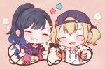  2girls :d ^_^ azusawa_kohane backwards_hat black_hair black_hat blue_hair blush chibi chibi_only closed_eyes commentary_request cropped_torso double-parted_bangs drawstring gradient_hair grin hat holding holding_microphone hood hood_down hoodie long_hair long_sleeves microphone multicolored_hair multiple_girls open_mouth orange_sleeves oyasumirakko pink_background ponytail project_sekai shiraishi_an short_hair simple_background smile star_(symbol) sweat twintails white_hoodie 
