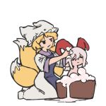  2girls animal_ear_headwear avorytsukumo behind_another blonde_hair blue_tabard closed_eyes closed_mouth dress foam fox_tail hands_on_another's_head highres horns in_bathtub kitsune kneeling looking_at_another medium_hair multiple_girls multiple_tails nude pointy_ears red_horns short_hair simple_background sleeves_rolled_up soap_bubbles tabard tail touhou toutetsu_yuuma washing_another white_background white_dress yakumo_ran 