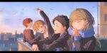  2boys 2girls :d amamiya_minato_(koori_no_jouheki) arm_up azumi_miki bird black_hair black_jacket blue_scarf blue_sweater_vest brown_eyes brown_hair city closed_eyes es_limi had_up hand_up highres hikawa_koyuki hino_yota jacket koori_no_jouheki laughing long_sleeves multiple_boys multiple_girls outdoors red_hair rooftop scarf school_uniform smile sunset sweater_vest 