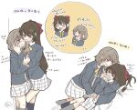  2girls black_jacket blazer blue_eyes bow brown_hair collared_shirt commentary crescent crescent_hair_ornament english_commentary grey_sweater hair_bow hair_ornament half_updo hand_on_another's_cheek hand_on_another's_face jacket long_hair long_sleeves love_live! love_live!_nijigasaki_high_school_idol_club miniskirt mochi_(mamelive228) multiple_girls multiple_views nakasu_kasumi neck_ribbon nijigasaki_school_uniform open_mouth osaka_shizuku pink_eyes pleated_skirt red_bow ribbon role_reversal school_uniform shirt short_hair skirt smile sweater translation_request white_shirt white_skirt winter_uniform yellow_ribbon yuri 