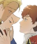  2boys amuro_ray blonde_hair blue_eyes brown_hair char's_counterattack char_aznable crying crying_with_eyes_open gundam haniwa_yyi highres holding holding_mask looking_at_another male_focus mask military_uniform multiple_boys multiple_expressions tears 