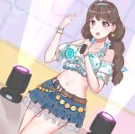  1girl :d blue_hairband blue_skirt blush breasts commentary_request cowboy_shot denim denim_skirt dutch_angle frilled_skirt frills fujishima_megumi hairband hands_up heart heart_in_eye highres holding holding_microphone ka_keiei large_breasts looking_at_viewer love_live! love_live!_hasu_no_sora_jogakuin_school_idol_club low_twintails microphone miniskirt natsumeki_pain navel open_mouth purple_eyes skirt smile solo stage_lights stomach symbol_in_eye twintails virtual_youtuber 