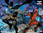  2boys abs barcode bat_(animal) batarang batcave batman batman_(series) batman_symbol batmobile beard_stubble belt black_bodysuit black_boots black_cape black_gloves blue_cape bodysuit boots cape card cave_interior closed_mouth coin commentary company_name copyright_name cowl crossover dan_mora dc_comics deadpool deadpool_(series) display_case dual_wielding dynamic_pose english_commentary explosive facial_hair gloves graffiti grenade grey_bodysuit gun handgun highres holding holding_rope holding_sword holding_weapon holstered joker_(playing_card) katana ladder male_focus marvel mask midair multicolored_bodysuit multiple_boys muscular muscular_male official_art pectorals playing_card pouch red_bodysuit red_mask rope signature stubble superhero_costume sword thigh_pouch two-sided_cape two-sided_fabric two-tone_bodysuit tyrannosaurus_rex unused_tire utility_belt weapon yellow_belt 