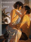  1boy 1girl arm_around_neck arms_around_another's_waist black_hair black_pants breasts brown_hair closed_eyes couple dress eren_yeager feet_out_of_frame hair_between_eyes hetero highres imminent_kiss long_dress medium_breasts mikasa_ackerman palm_tree pants parted_bangs shingeki_no_kyojin shirt short_hair sitting sitting_on_lap sitting_on_person sleeveless sleeveless_dress tree white_dress yabi_oblivion yellow_shirt 